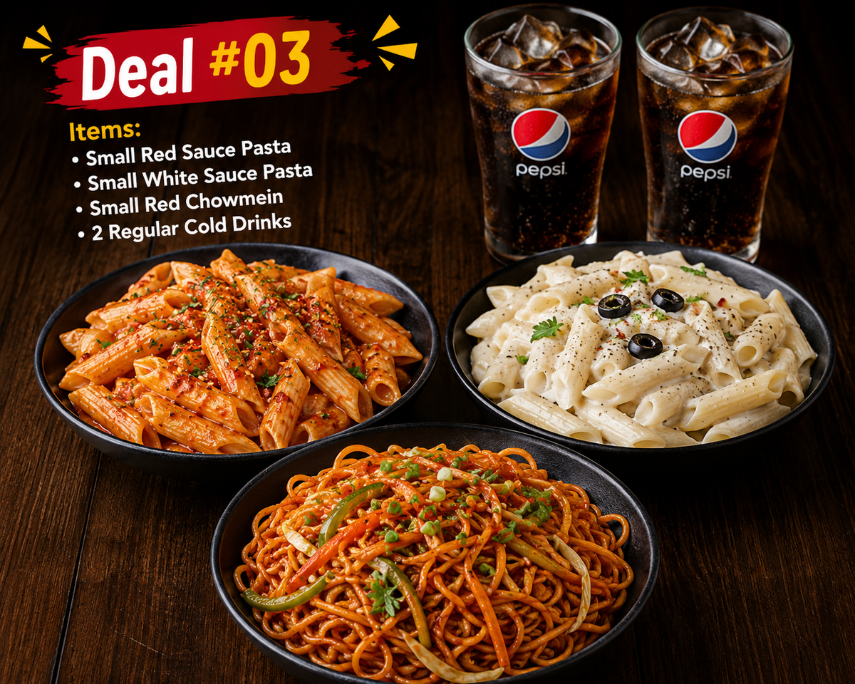 Deal #03 Items: • Small Red Sauce Pasta • Small White Sauce Pasta • Small Red Chowmein • 2 Regular Cold Drinks jani iski bhi bna du picture